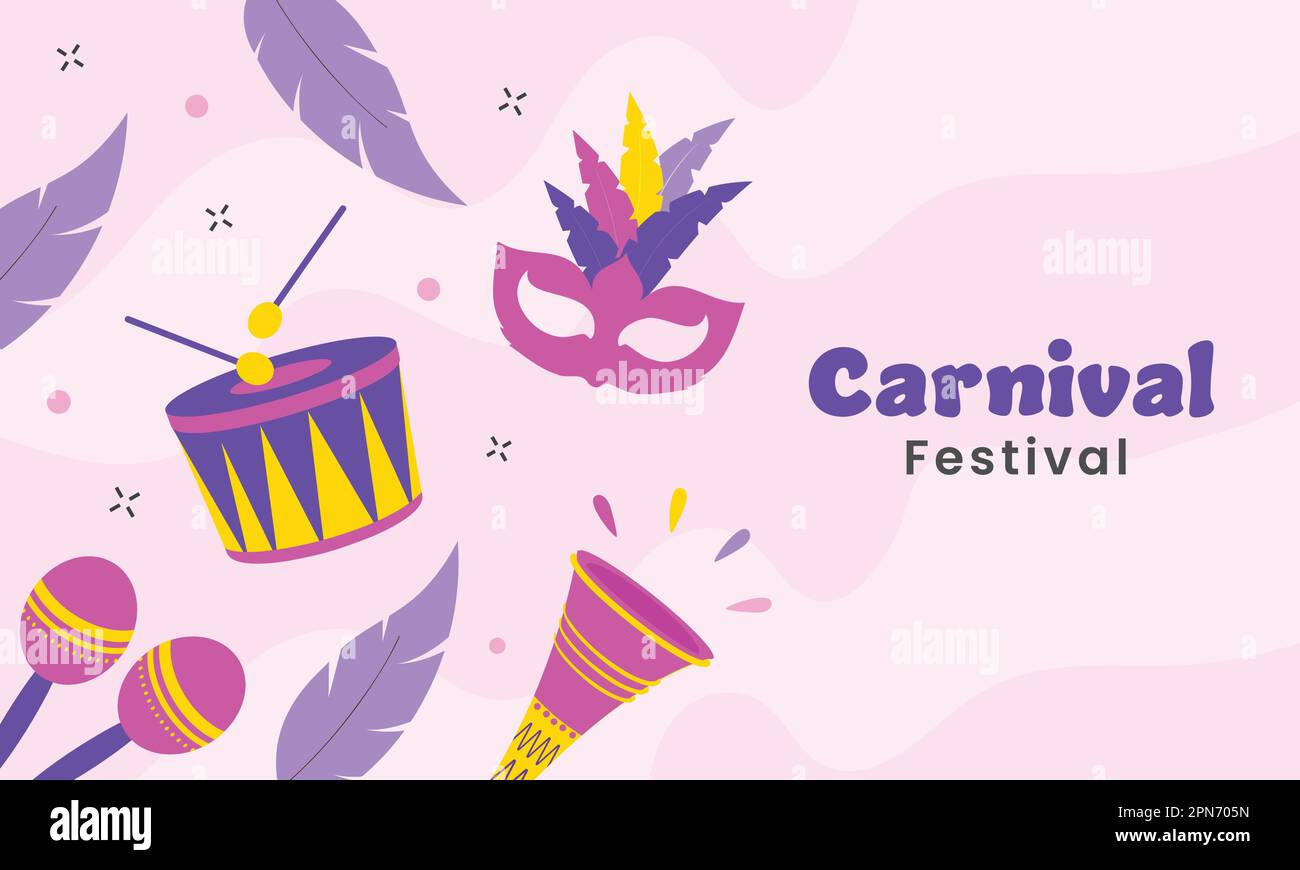 Carnival Festival Banner Design Dekoriert Mit Musikinstrument, Federn, Partymaske Auf Rosa Hintergrund. Stock Vektor