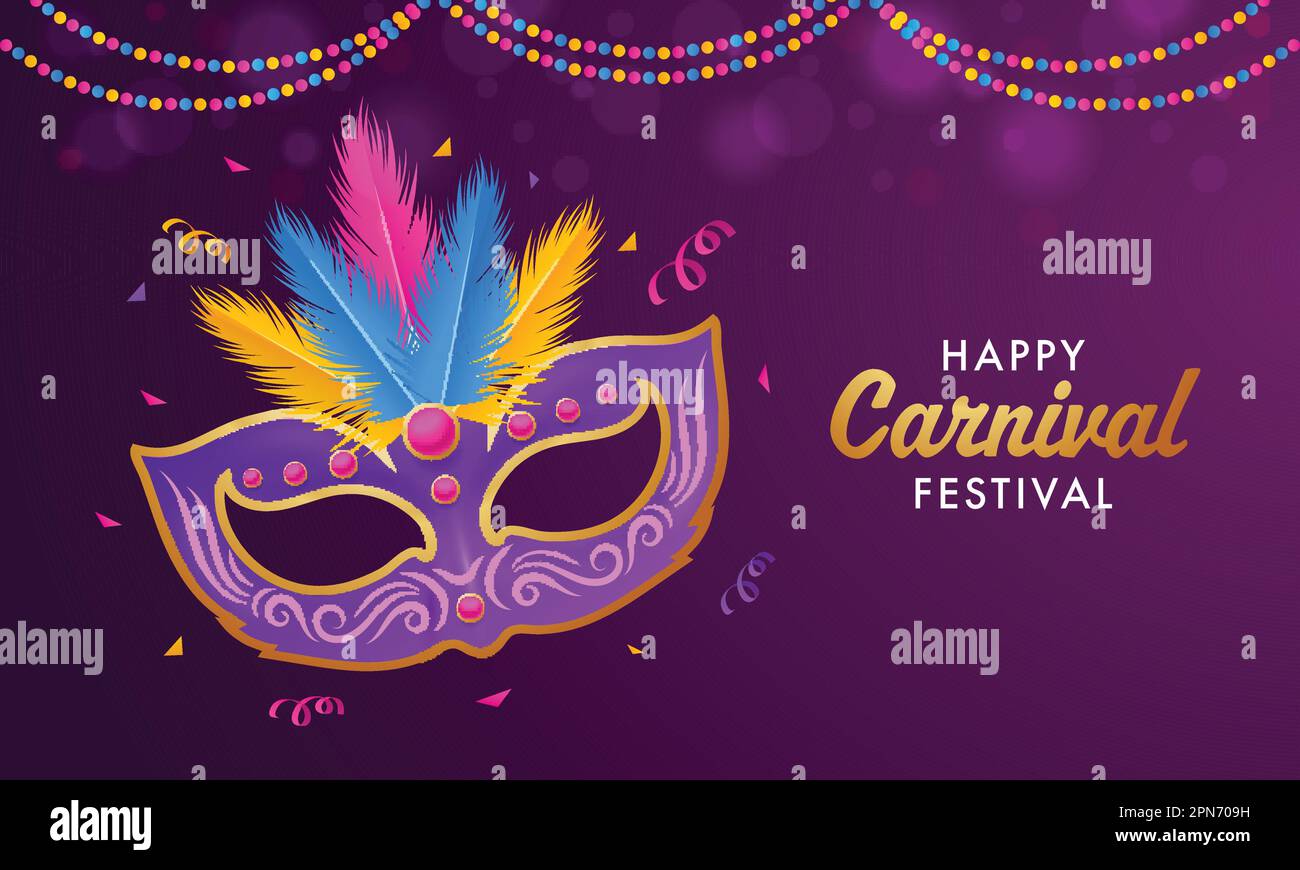 Happy Carnival Festival Bannerdesign Mit Party Feather Mask, Confetti Auf Lila Hintergrund. Stock Vektor