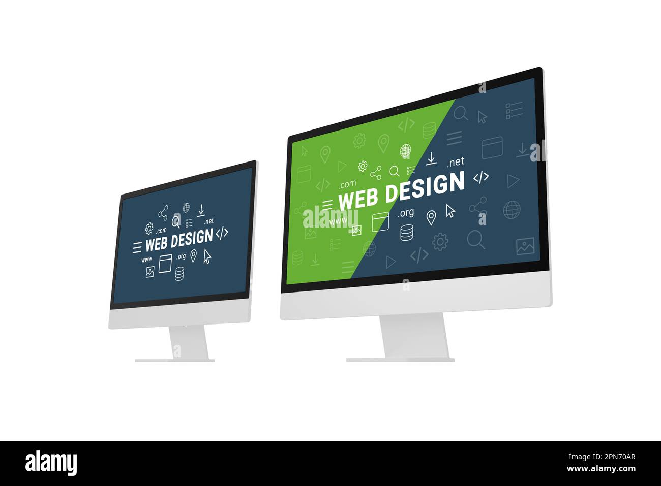 Web-Design-Studio-Konzept mit zwei Computerdisplays und Web-Design-Aufschriften und -Symbolen. Isoliert auf weiß Stockfoto