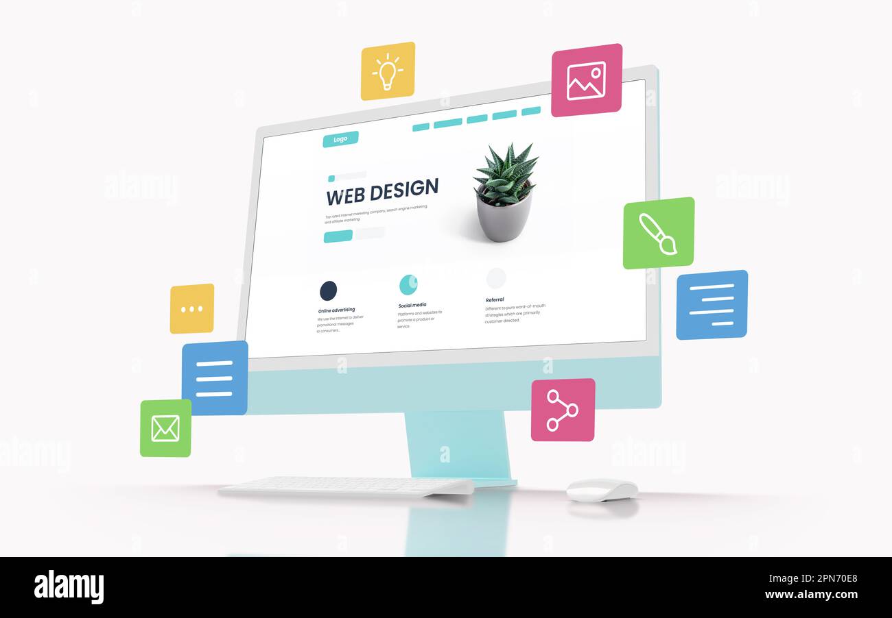 Moderner Computerbildschirm mit einer Web-Design-Seite auf dem Bildschirm, umgeben von farbenfrohen Web-Design-Symbolen Stockfoto