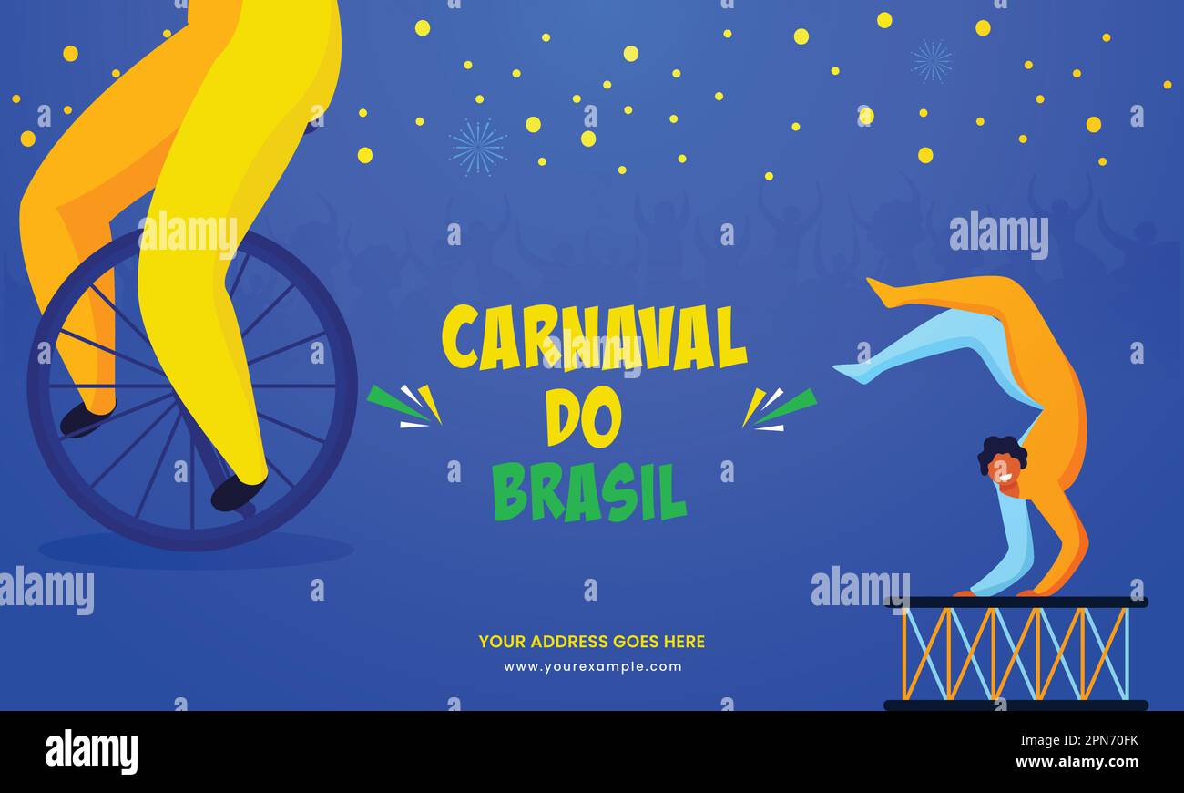 Carnival of Brazil (Carnaval do Brasil) Text in portugiesischer Sprache und Zirkusdarsteller auf blauem Hintergrund. Stock Vektor