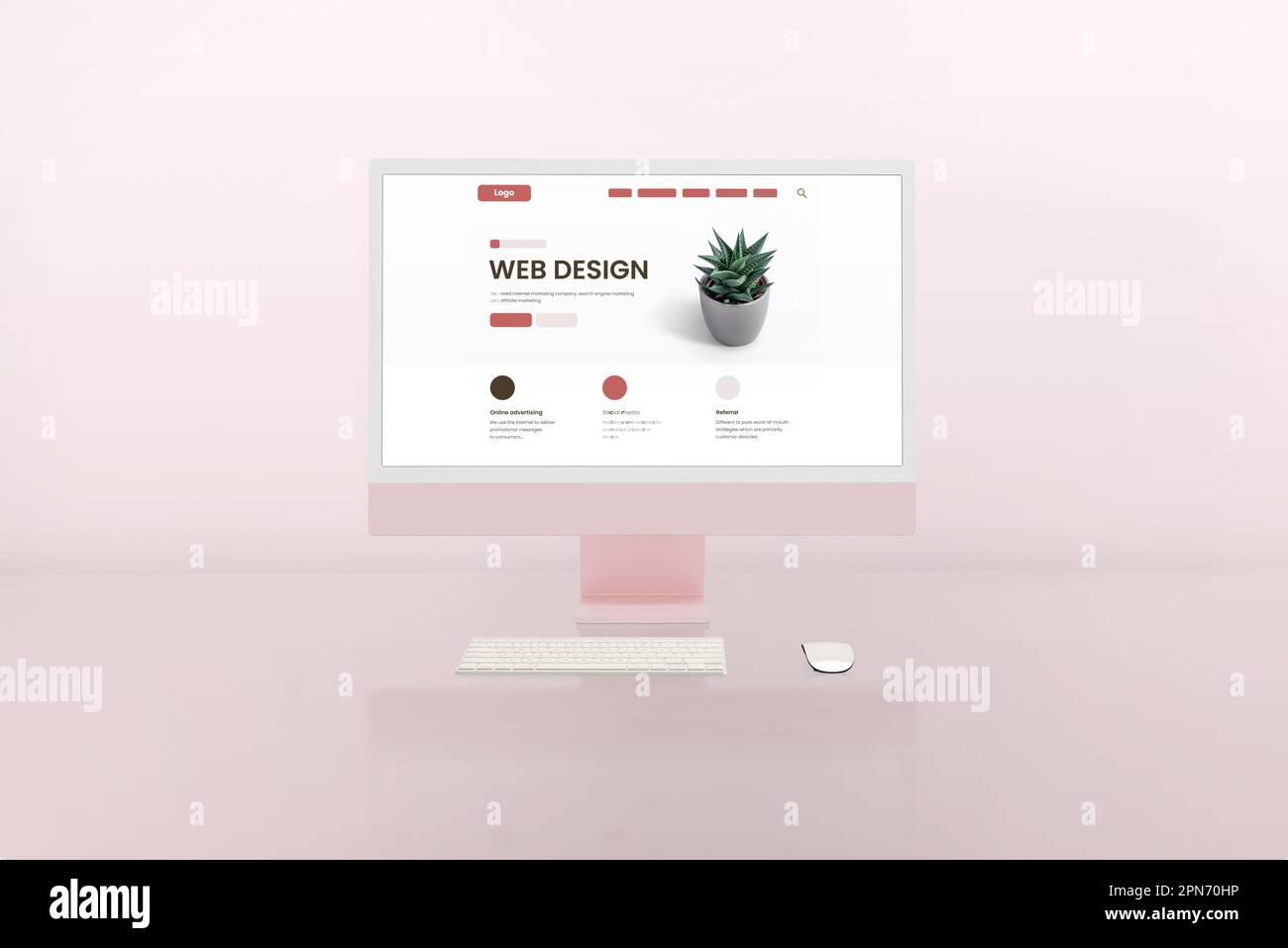 Web-Design-Studio mit modernem Computerdisplay und Web-Seiten-Layout-Konzept. Rosafarbenes Display und Hintergrund Stockfoto