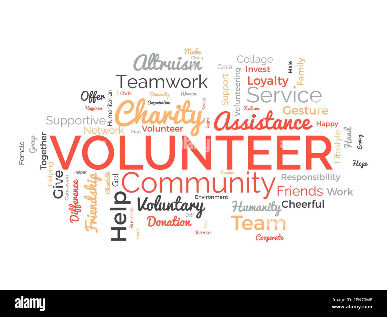 Word Cloud Hintergrundkonzept für Freiwillige. Wohltätigkeitshilfe, gemeinnützige Hilfe, humanitäre Hilfe. vektordarstellung. Stock Vektor