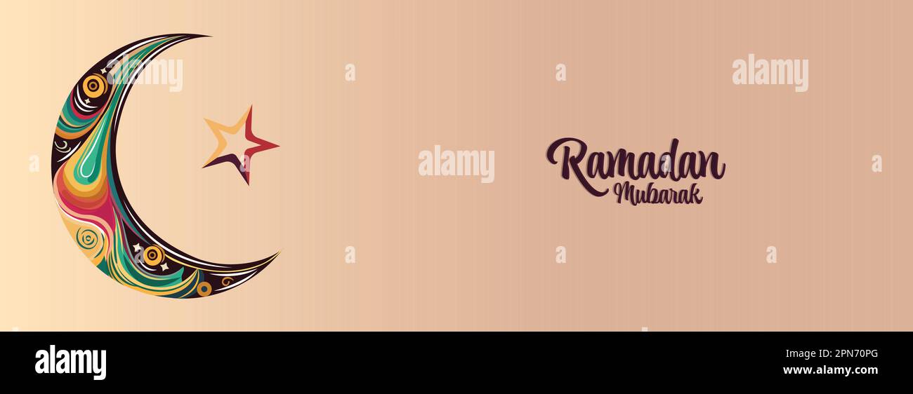 Ramadan Mubarak Banner-Design Mit Farbenfrohem Halbmond Und Stern Auf Peach-Hintergrund. Stock Vektor
