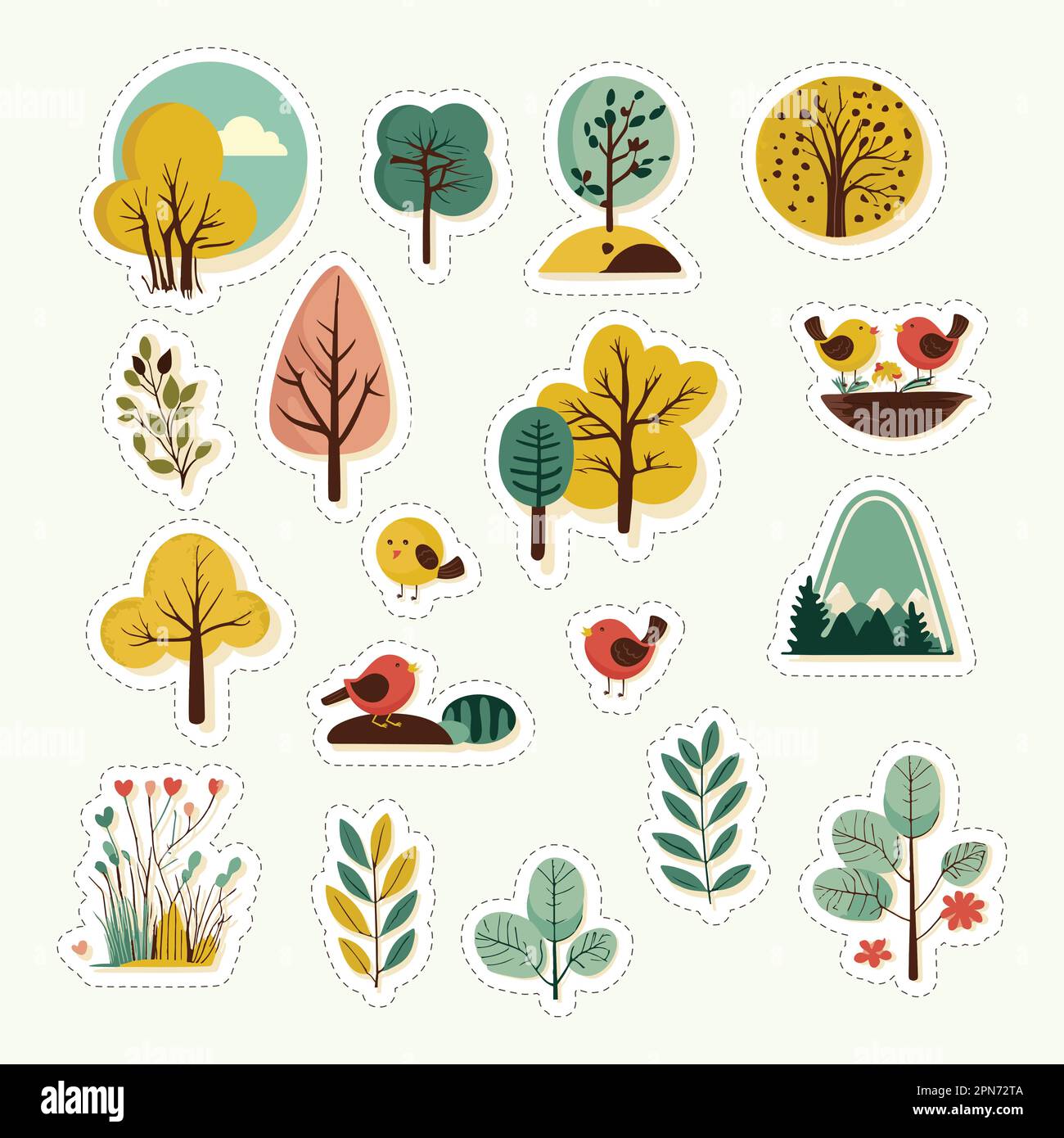 Sticker Style Tree, Flower, Cute Birds, Leaves With Mountains Element Set. Stock Vektor