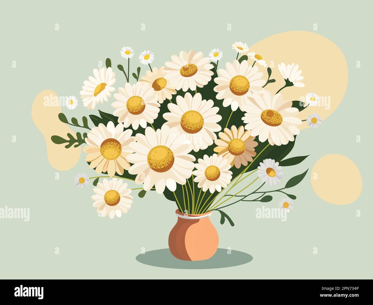 Illustration eines Gänseblümchen-Pflanzentopf auf blassgrünem Hintergrund. Stock Vektor