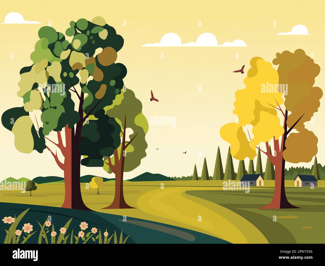 Naturlandschaft Hintergrund Mit Bäumen, Fliegenden Vögeln Und Landhaus Illustration. Stock Vektor