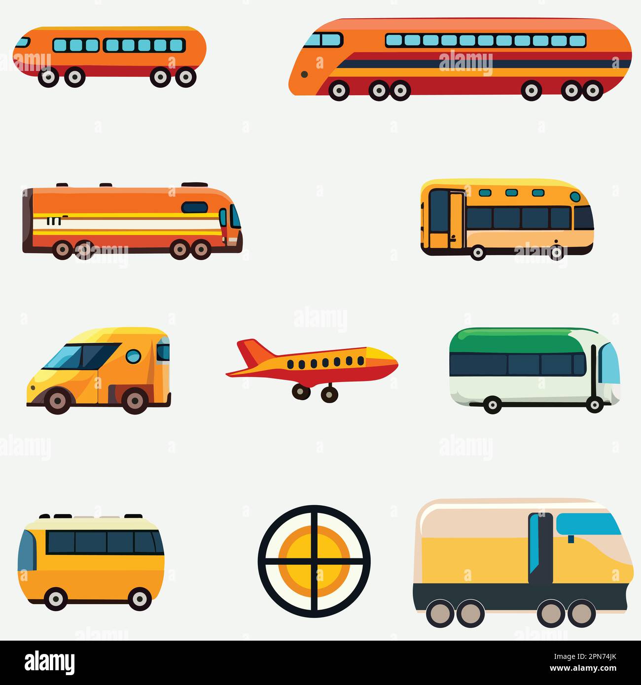 Sammlung von Transportzielen wie Bus, Flugzeug, Zug, Auto Symbole. Stock Vektor