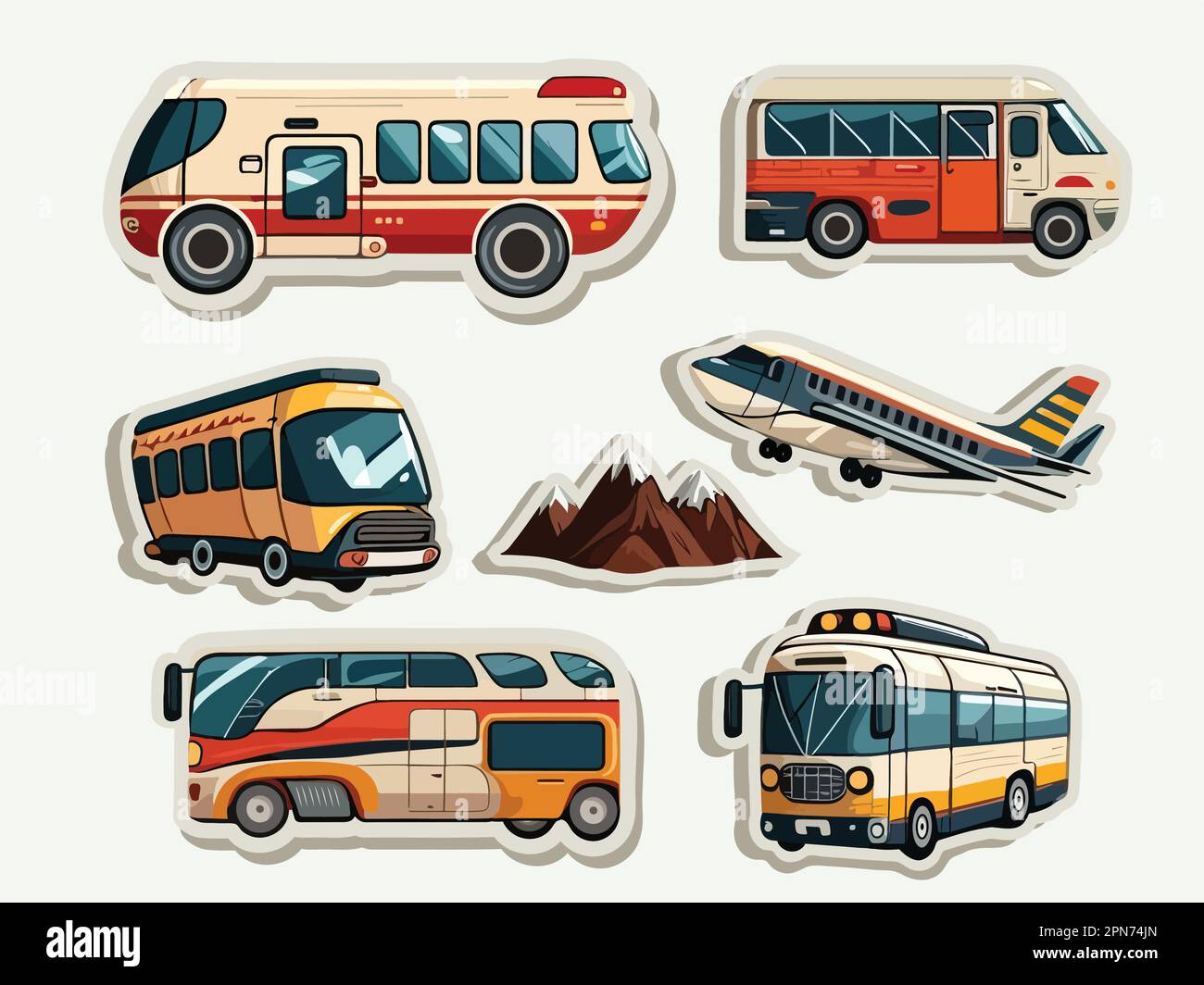 Sammlung von Transportsystemen wie Bus, Flugzeug und Gebirgssymbole im Sticker-Stil. Stock Vektor