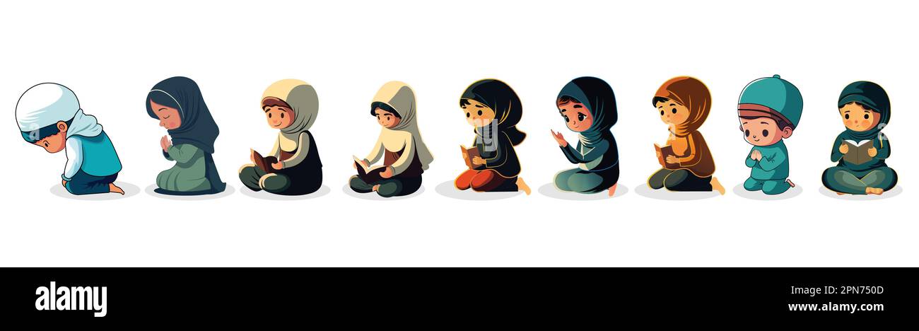 Satz muslimischer Jungen- und Mädchenfiguren, die mit Tasbih beten, Koran-Buch in sitzender Pose. Islamisch-Religiöses Konzept. Stock Vektor