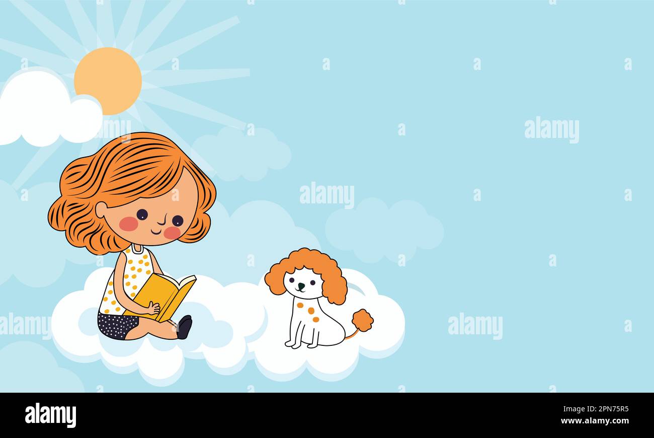 Lesebuch Mit Modernen Mädchen-Figuren In Der Nähe Von Cartoon Dog Sitting, Wolken Auf Sonnenblauem Hintergrund Und Copy Space. Stock Vektor