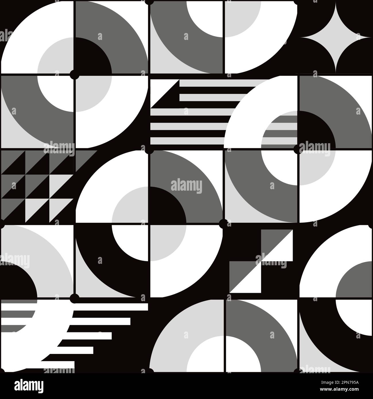 Von Bauhaus inspiriertes nahtloses Vektormuster in Schwarz, Grau und Weiß - geometrisches Retro-Design mit Kreisen, Dreiecken, Linien und Quadraten Stock Vektor