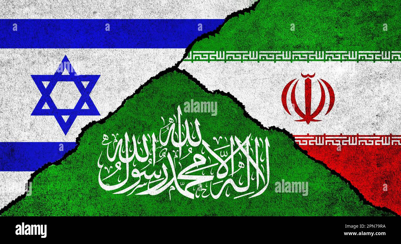 Hamas, Iran und Israel führen gemeinsam auf einem strukturierten Hintergrund Flagge. Konfliktkonzept zwischen Israel, Iran und Hamas Stockfoto