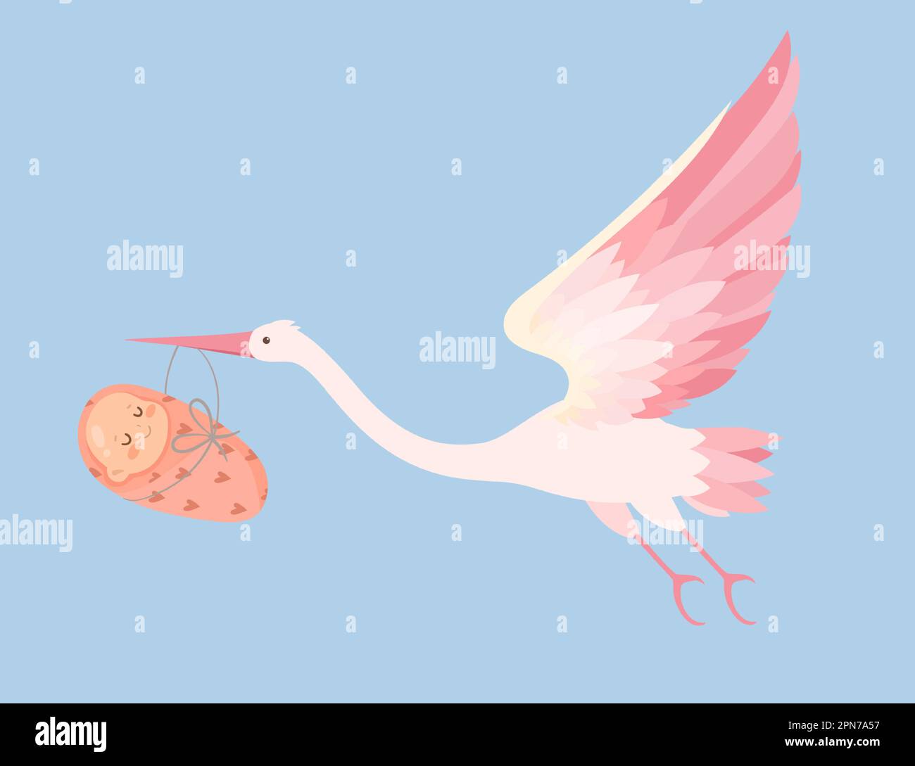 Fliegender Storch, der das Baby in seinem Schnabelvektor trägt Stock Vektor