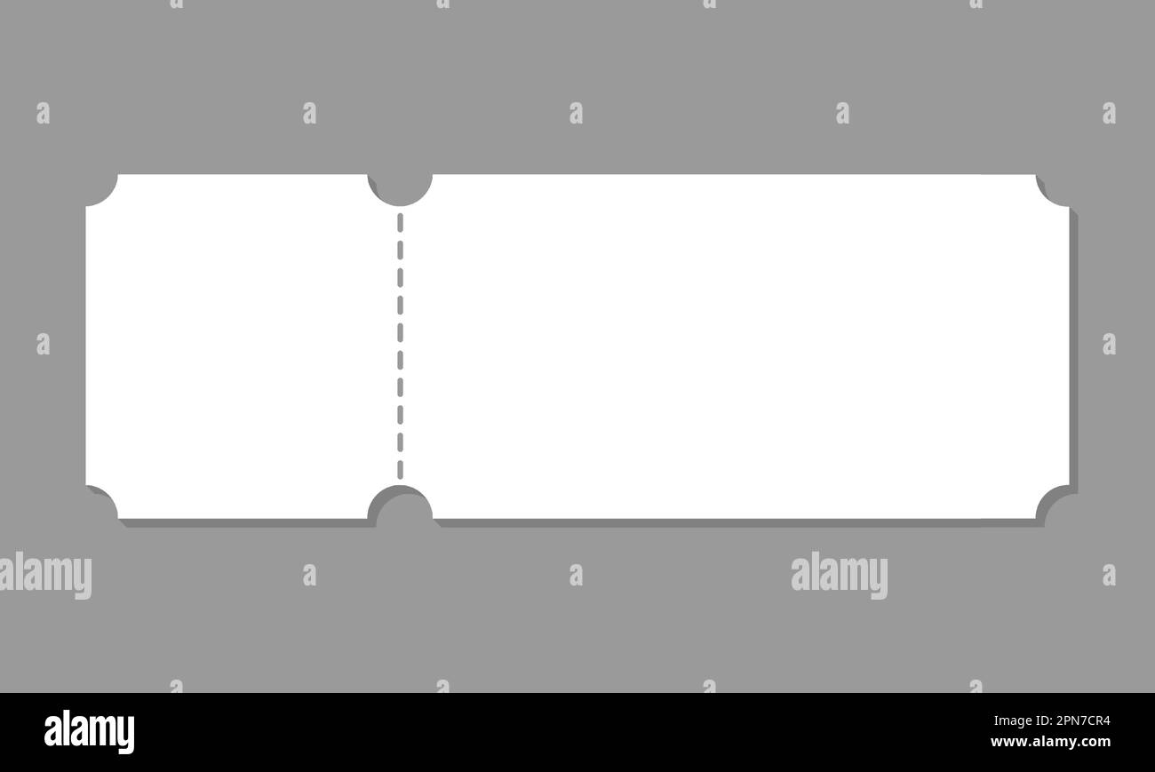 Weiße leere Ticket-Modell-realistische Vektorvorlage isoliert auf grauem Hintergrund. Kino, Theater, Konzert und Bordkarten. Rabatt und Umsatz Stock Vektor