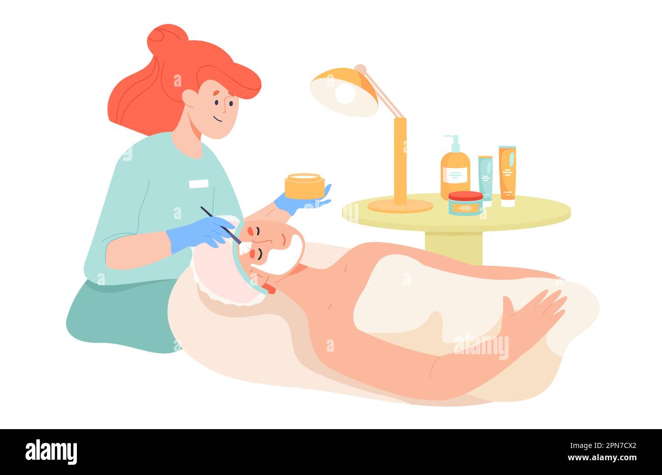Cartoon Kosmetikerin Maske auf Gesicht der Frau anwenden Stock Vektor