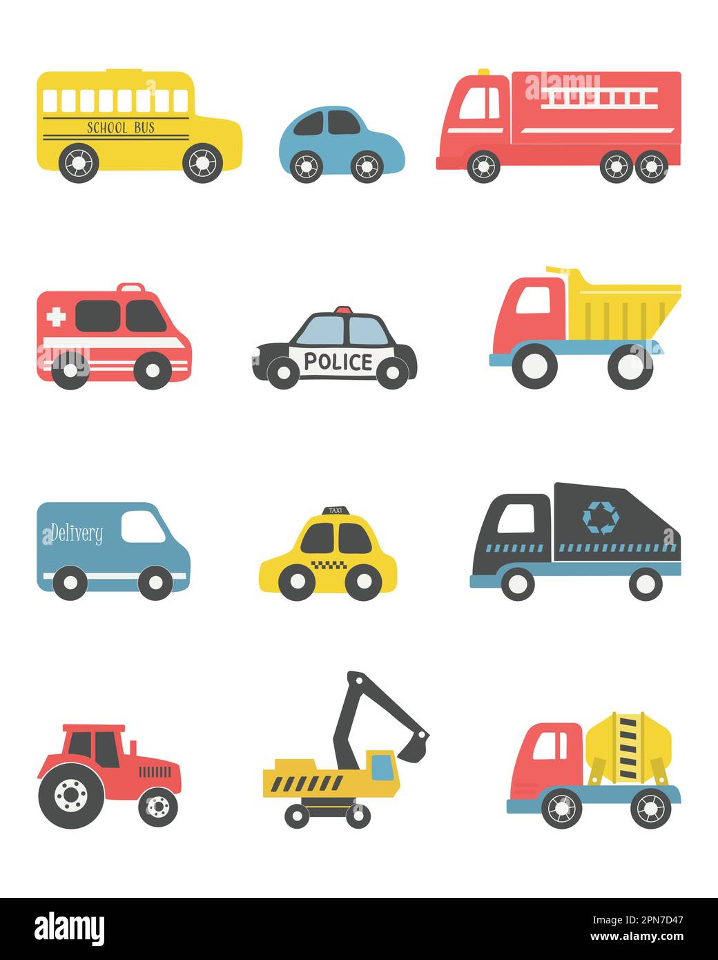 Spielzeug isoliert auf weißem Hintergrund. Es gibt verschiedene Spielzeugautos: Feuerwehrwagen, Lkw, Polizeiwagen, Taxi, Bus, Bagger, Betonmischer, Trac Stock Vektor