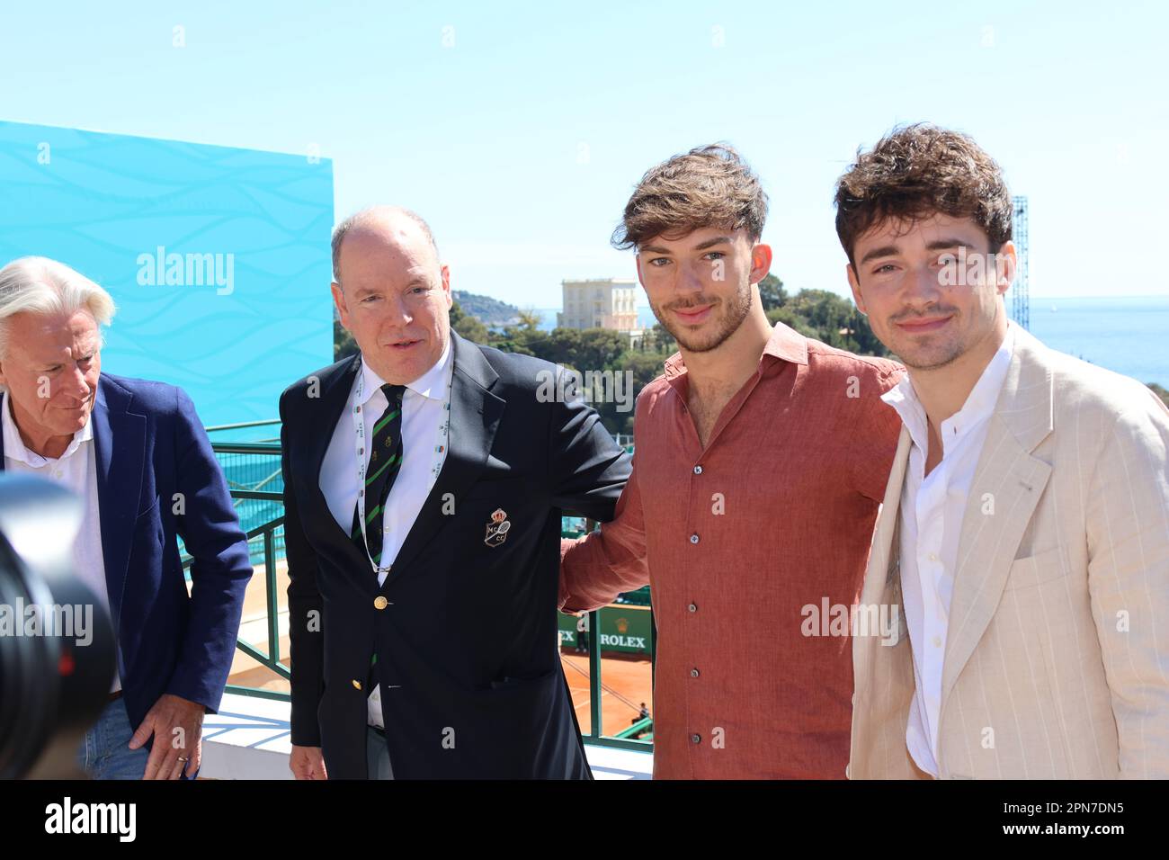 Monaco, Monaco. 16. April 2023. Bjoern BORG, SAS Prince Albert II de Monaco, Pierre GASLY und Charles LECLERC (L-R) nehmen am 16. April 2023 am Monte Carlo Open Master 1000 Final am Tennisturnier Teil, Bild und Copyright Thierry CARPICO/ATP Images (CARPICO Thierry/ATP/SPP). Guthaben: SPP Sport Press Photo. Alamy Live News Stockfoto