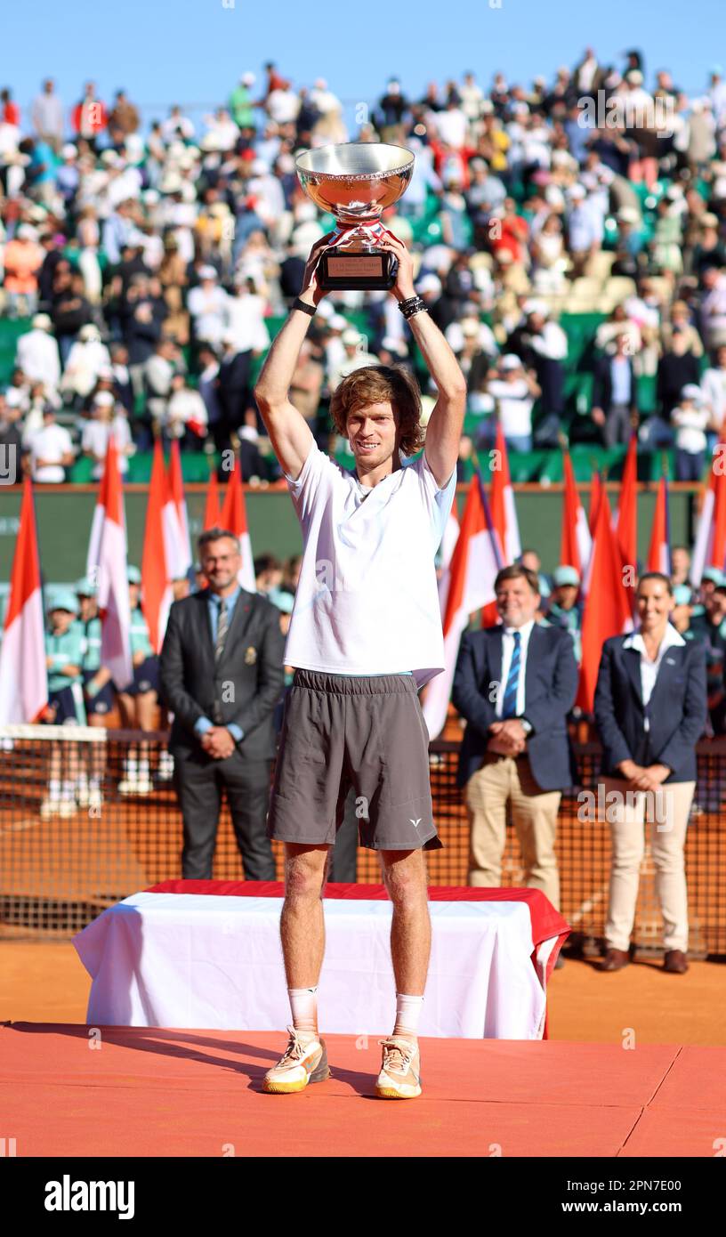 Monaco, Monaco. 16. April 2023. Trophäe für Finalisten, Andrey Rublev, Open Rolex Master 1000 Monte Carlo, April 16 2023. (CARPICO Thierry/ATP/SPP) Kredit: SPP Sport Press Photo. Alamy Live News Stockfoto