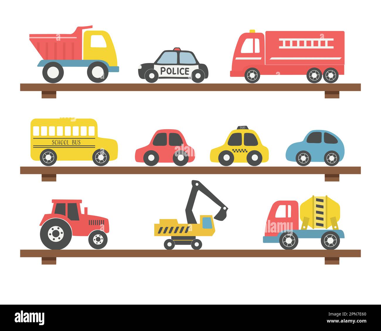Spielzeug auf den Regalen. Es gibt verschiedene Spielzeugautos: Feuerwehrwagen, Lkw, Polizeiwagen, Taxi, Bus, Bagger, Betonmischwagen, Traktor. Spielzeug für Stock Vektor