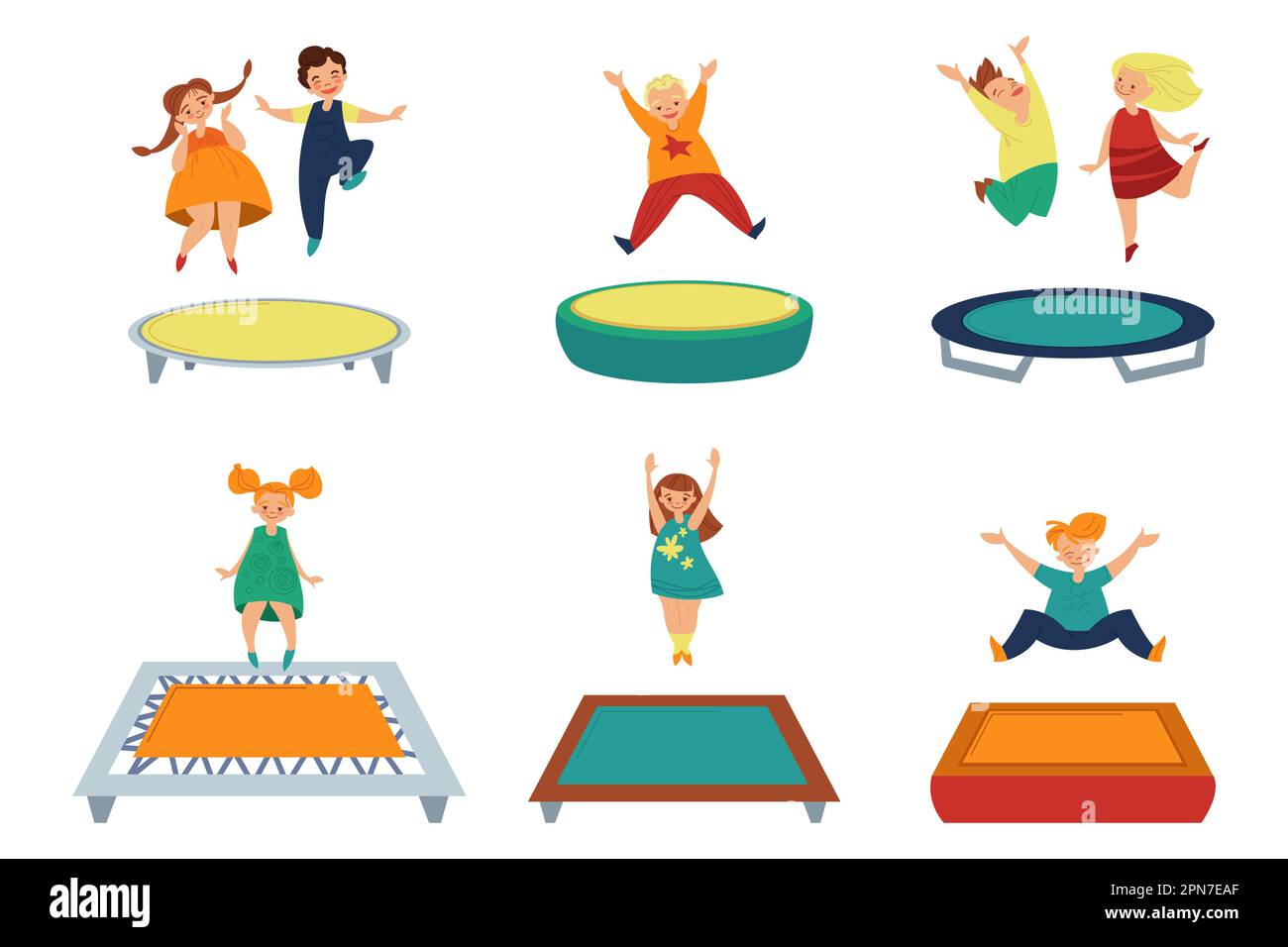 Springen Cartoon Kinder springen auf trampolinen Stock-Vektorgrafiken kaufen - Alamy