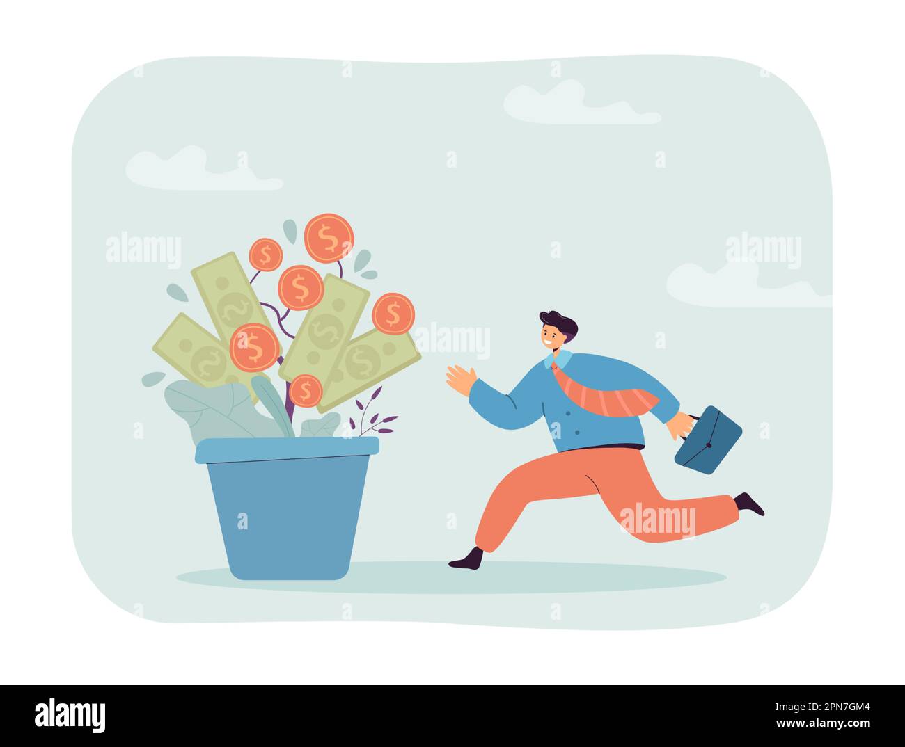 Glücklicher Mitarbeiter läuft mit wachsender Geldpflanze in den Topf Stock Vektor