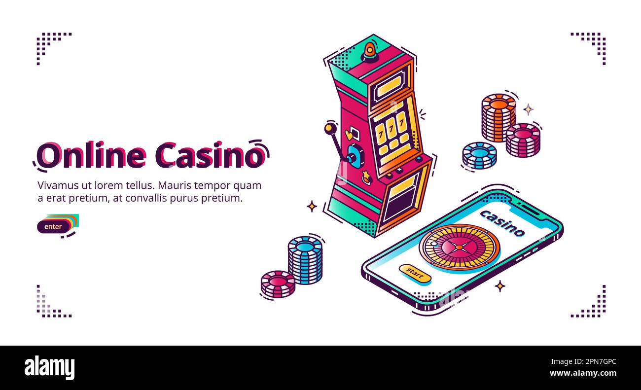 Mobiles Online-Casino. Isometrischer Vektorhintergrund mit Spielchips, Spielautomaten und Roulette-Rad auf dem Smartphone-Bildschirm. Werbeposter, Banner für die App für Glücksspiele Stock Vektor