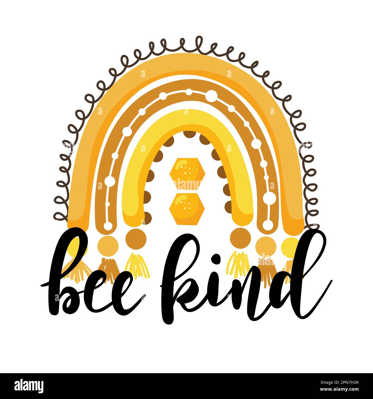 Bee Kind - süße, inspirierende Begrüßung mit Makrame-Regenbogen. Komisches Zitat über Güte. Gut für Druck, Karte, Poster, Geschenk. Wähle Güte. Stock Vektor
