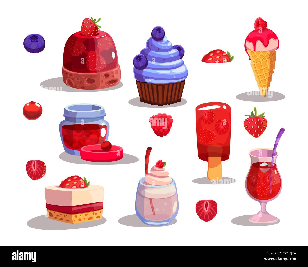 Verschiedene Beerendesserts Cartoon-Zeichensatz Stock Vektor