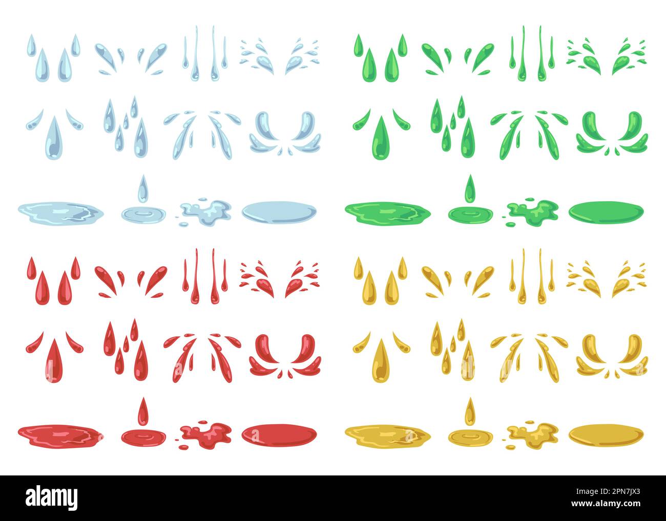 Herabfallende Flüssigkeitstropfen, Spritzer und Pfützen Stock Vektor