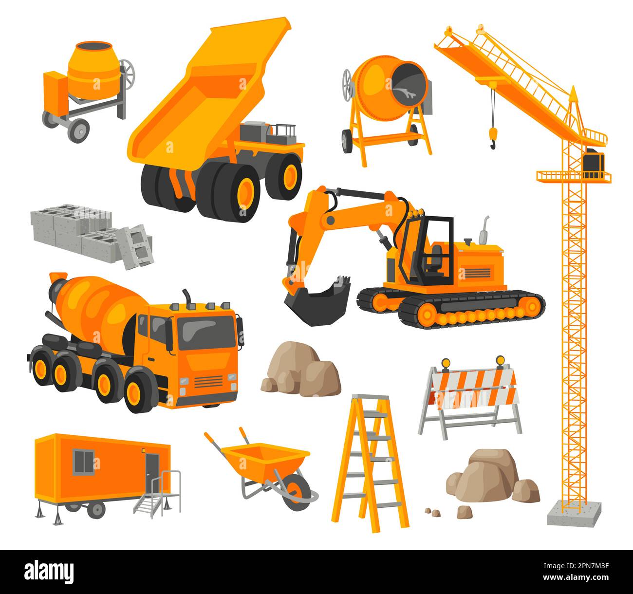 Baufahrzeuge und Baustellenobjekte Vektorbilder eingestellt Stock