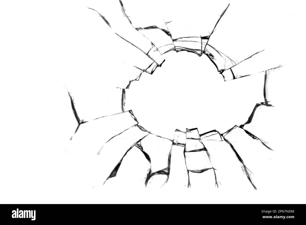 Konzept des Glasbruchs mit Loch für die Gestaltung auf weißem Hintergrund Stockfoto