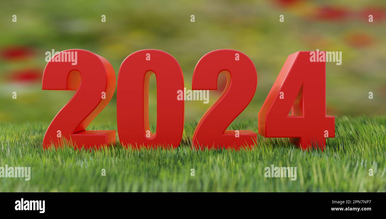 2024 alles gute zum neuen Jahr auf üppigem Grasfeld. Roter Zifferntext auf frischem grünen Rasen. Ökologie, Natur. Banner. 3D-Rendern Stockfoto