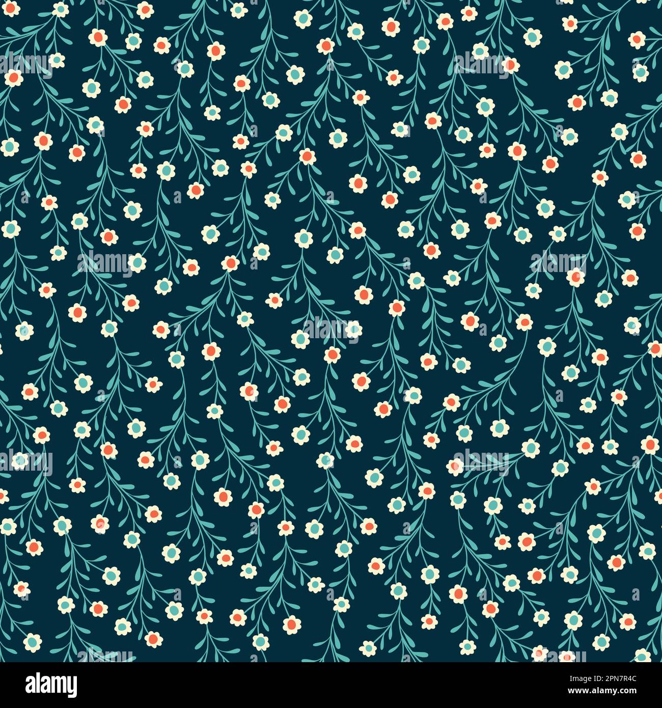 Nahtloses Vektormuster mit kleinen Blumen auf dunkelgrünem Textilverpackungsbett. Vektordarstellung Stock Vektor