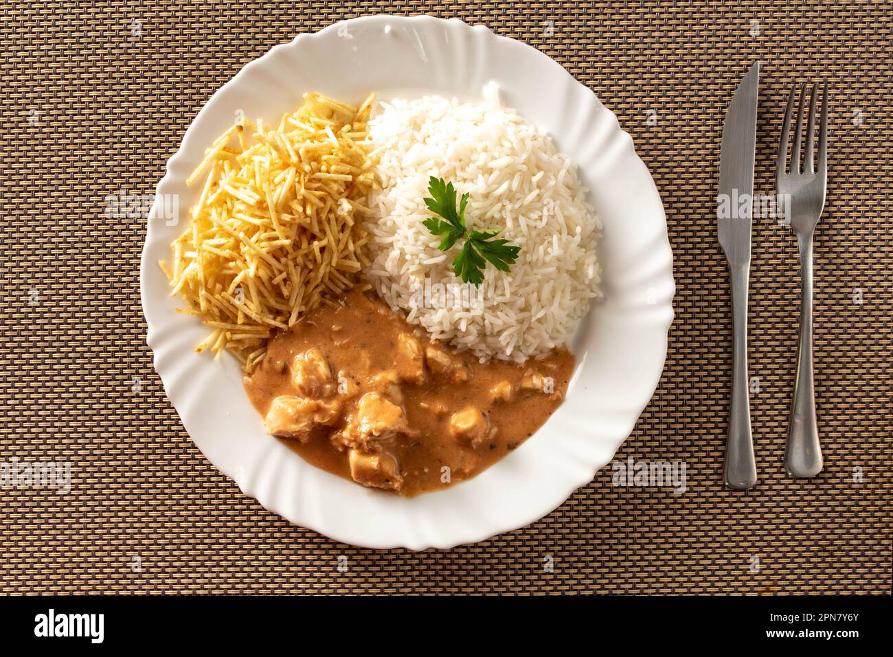 Stroganoff-Hühnchen mit Reis, Salat und Kartoffelstroh. Stockfoto