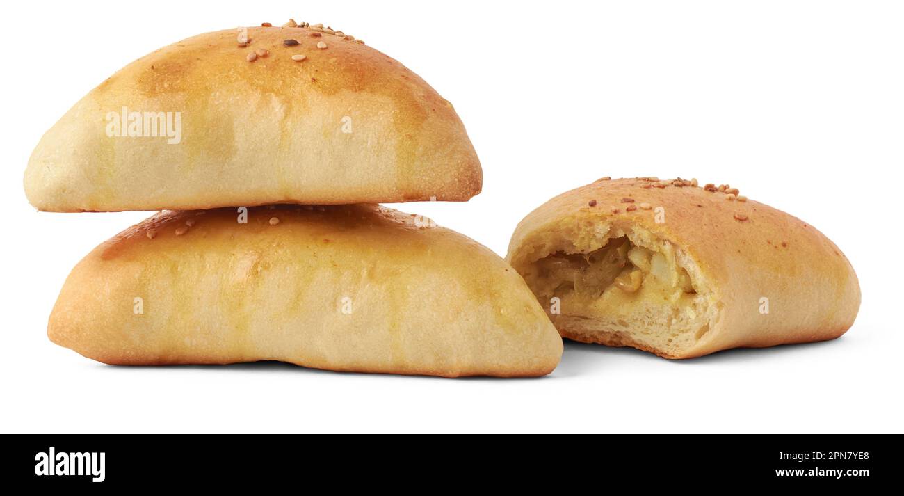 Currybrötchen, eine Art herzhaftes Brot gefüllt mit einer Mischung aus Currysauce und Gemüse, Sesamsamen verteilen goldbraune und leicht knusprige beliebte Snacks Stockfoto