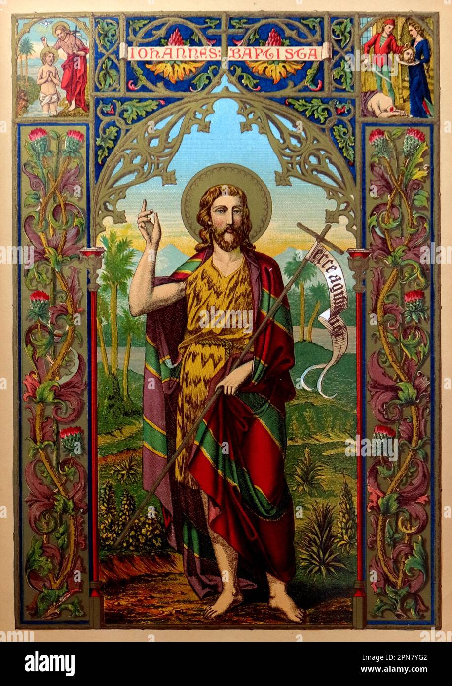 Chromolithograph: Johannes Baptista, auch bekannt als Johannes der Täufer. In einem sehr kunstvollen Rahmen. Stockfoto