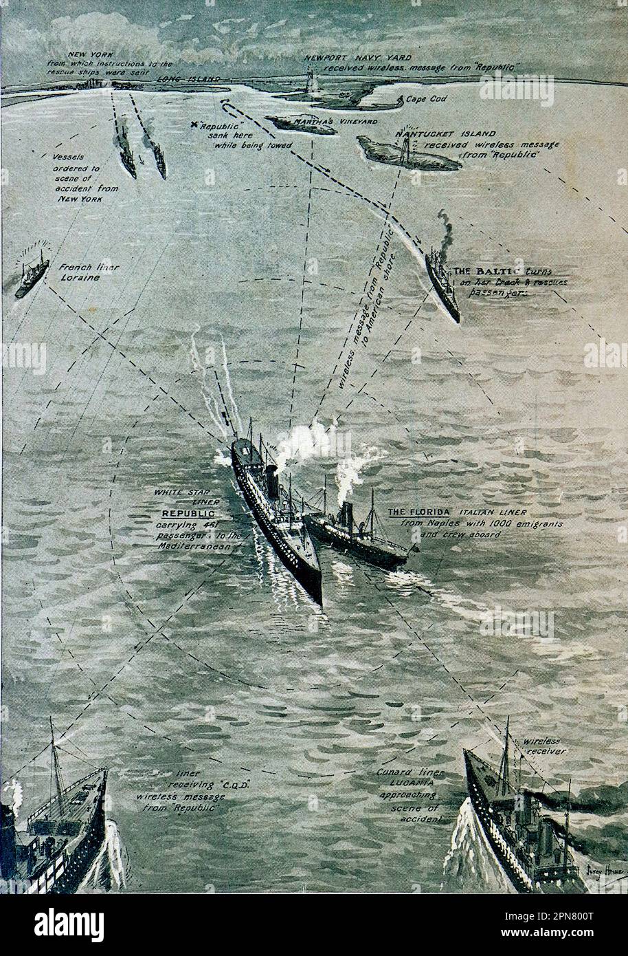 Das Wrack der ‚Republik‘. Sie bezieht sich auf den Untergang des Schiffes der White Star Line RMS Republic, eines dampfbetriebenen Schiffes und die Umleitung anderer Schiffe in der Nähe des Unfallorts. Sie kollidierte im Nebel mit einem anderen Schiff, SS Florida, nahe der Insel Nantucket, Massachusetts. Von einem gebundenen Jahr: Das wunderbare Jahr 1909. Eine illustrierte Aufzeichnung bemerkenswerter Leistungen und Ereignisse der Daily News, London und Manchester, veröffentlicht von Headley Brothers, 1909. Stockfoto