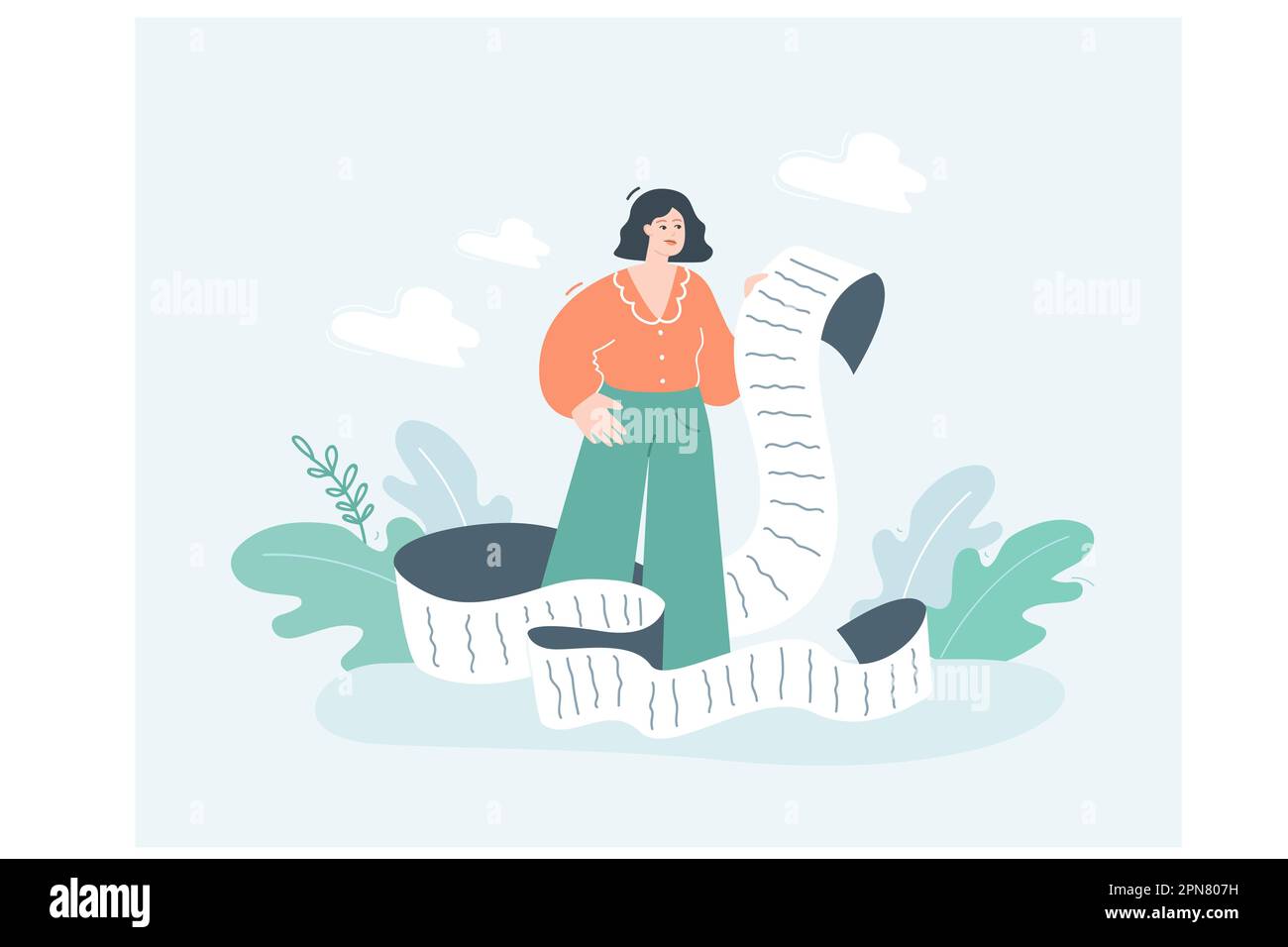 Weibliche Büroangestellte mit großen Dokumenten- oder Papierrollen Stock Vektor