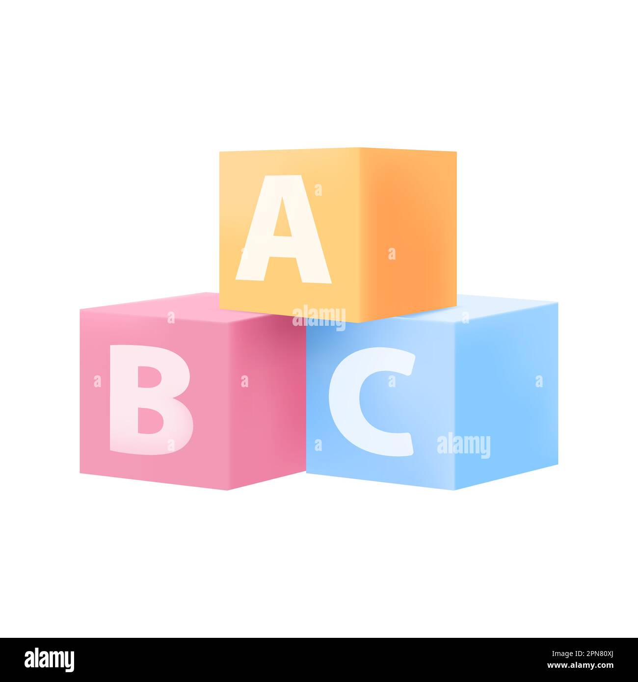 Gelbe, rote und blaue Würfel mit englischen Buchstaben 3D Symbol Stock Vektor