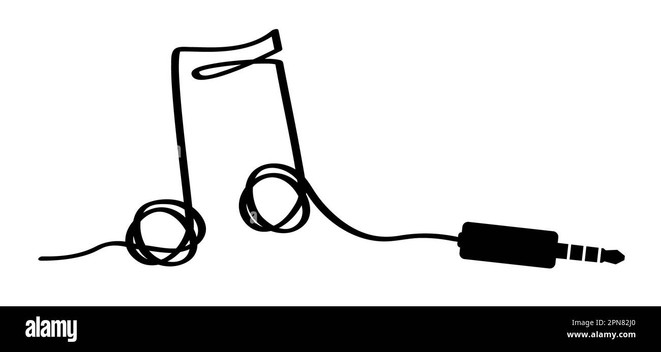 Symbol für Cartoon-Musik-Note-Stecker. Musikalische Note, Tonspur. Flacher Vektor zeichnet Wellenzeichen auf. Audio-Klinkenstecker, 35 mm. Stereo-Audiokabel. Verbinden Sie Concep Stockfoto