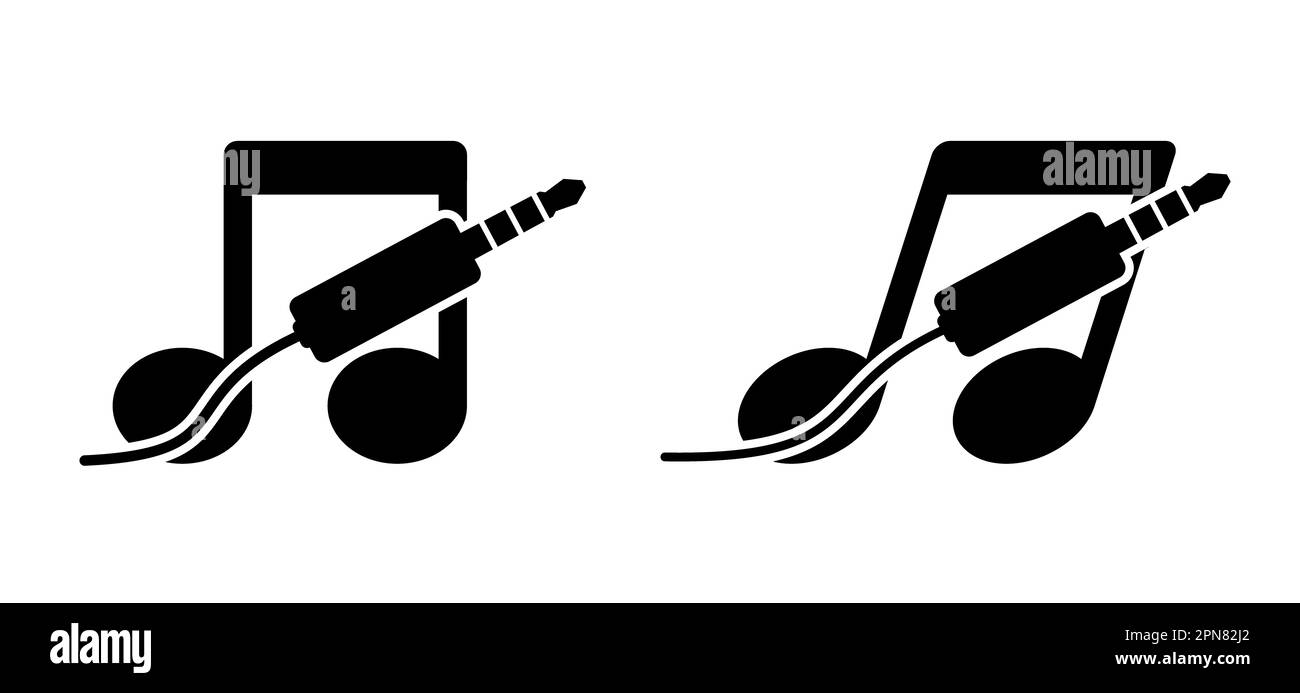 Symbol für Cartoon-Musik-Note-Stecker. Musikalische Note, Tonspur. Flacher Vektor zeichnet Wellenzeichen auf. Audio-Klinkenstecker, 35 mm. Stereo-Audiokabel. Verbinden Sie Concep Stockfoto