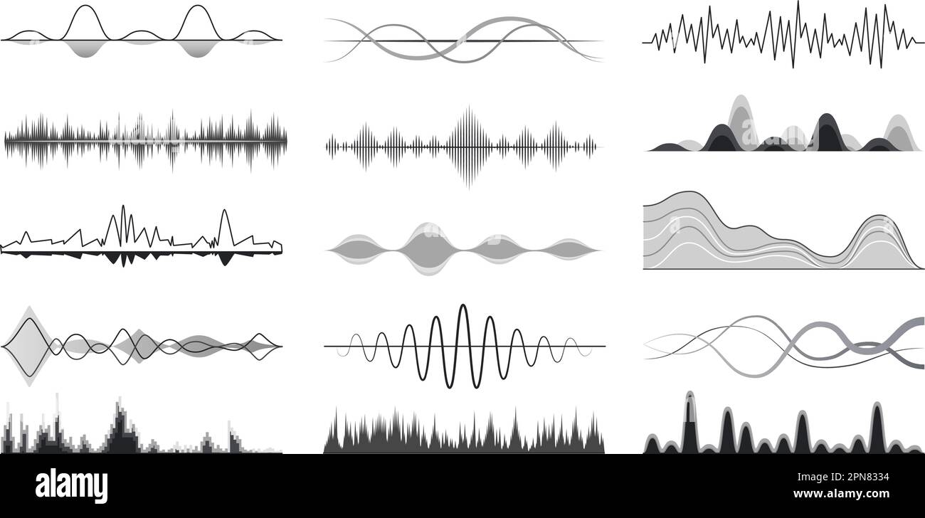 Schwarzweiß-Audiowellen, Songs oder Sprachsymbole. Funkfrequenz, Vibration und Rhythmus überwachen. Digitale Equalizer-Vektorzeichen Stock Vektor