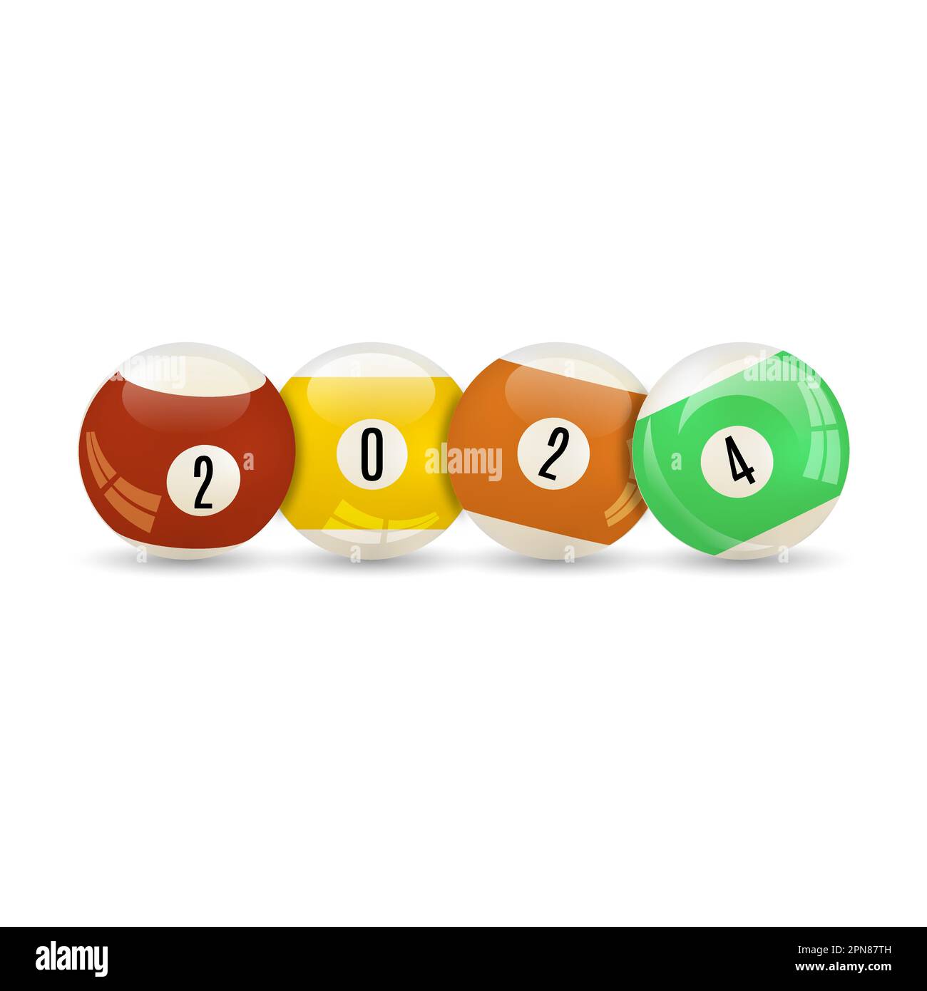 Set mit 3D glänzenden Snooker-Bällen mit Text 2024 und Schatten, Vektorabbildung. Stock Vektor