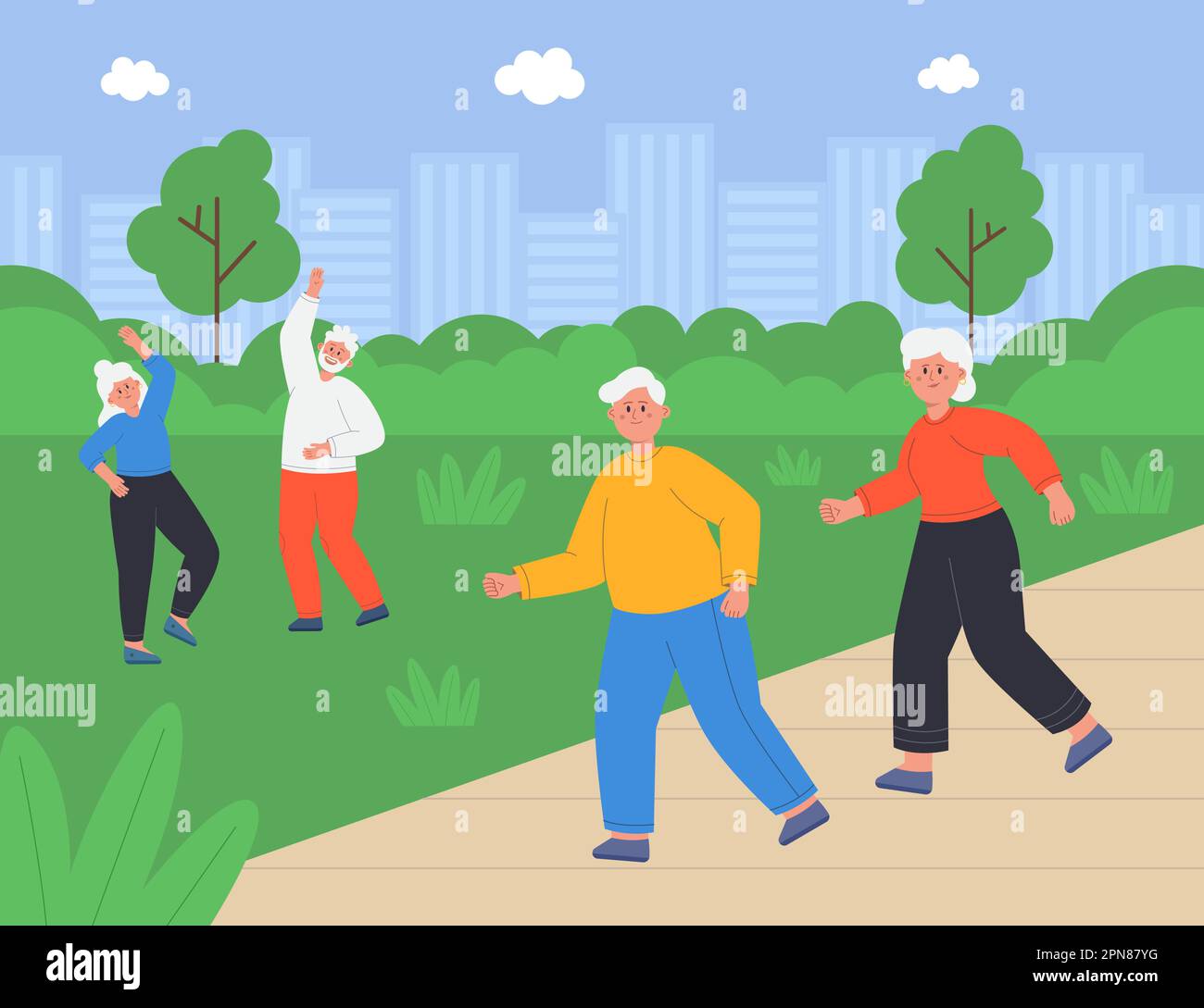 Glückliche ältere Menschen laufen im Stadtpark oder Sanatorium Stock Vektor