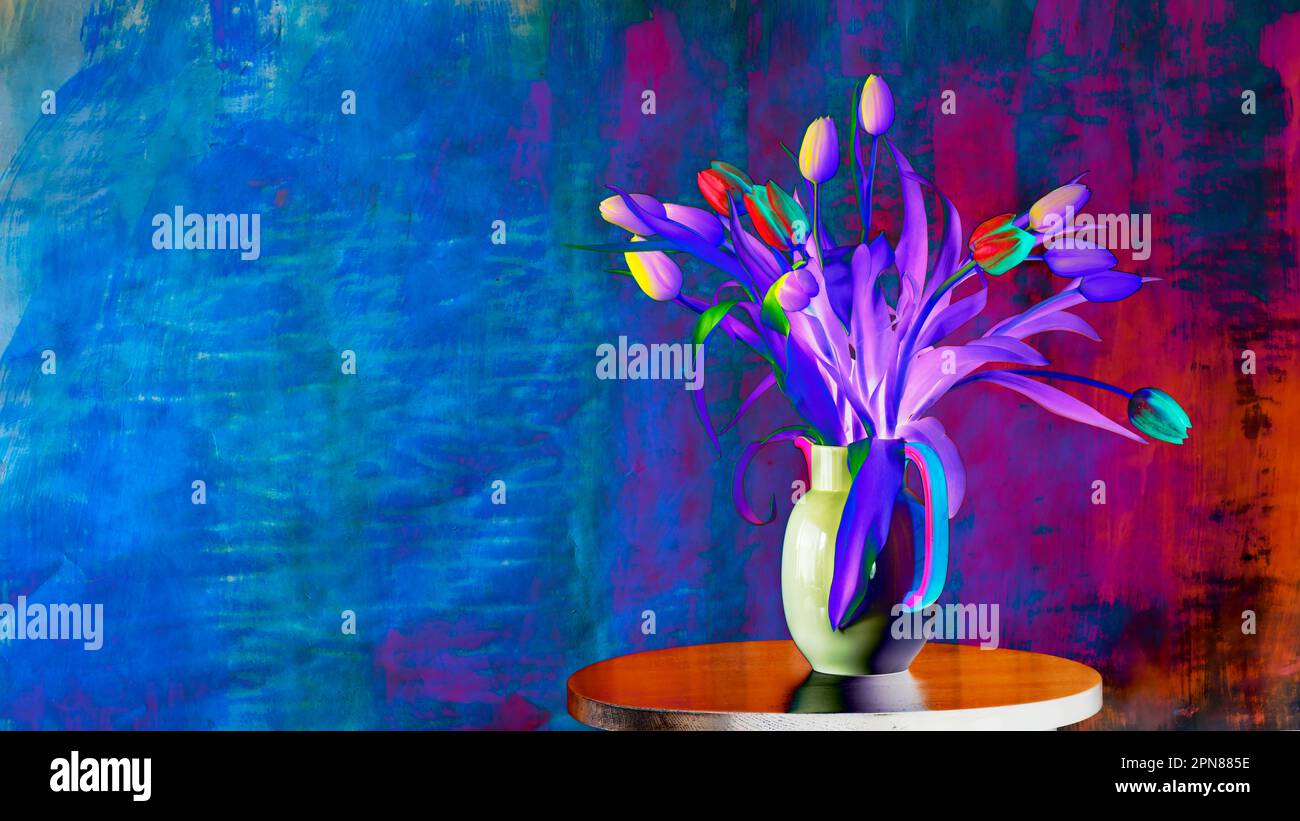 Ein Haufen Tulpen in einer Tasse, solarisierte Farben, freier Kopierraum Stockfoto