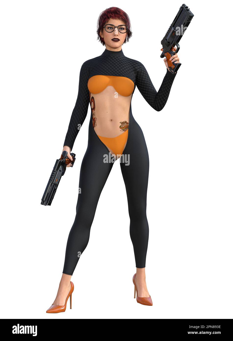 Futuristische Frau bewaffnet mit Waffen, 3D-Rendering Stockfoto