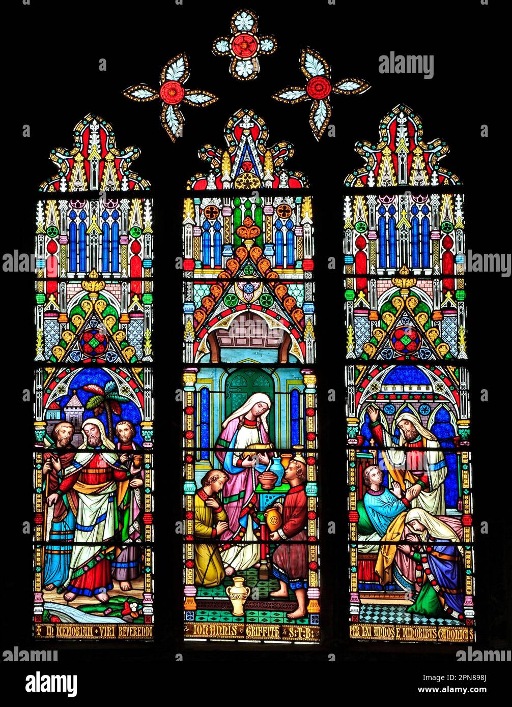 Buntglasfenster, Wunder von Elisha, von William Wailes, Mitte des 19. Jahrhunderts, Ely Cathedral, Bibelcharakter, Biblisch, Cambridgeshire, England Stockfoto