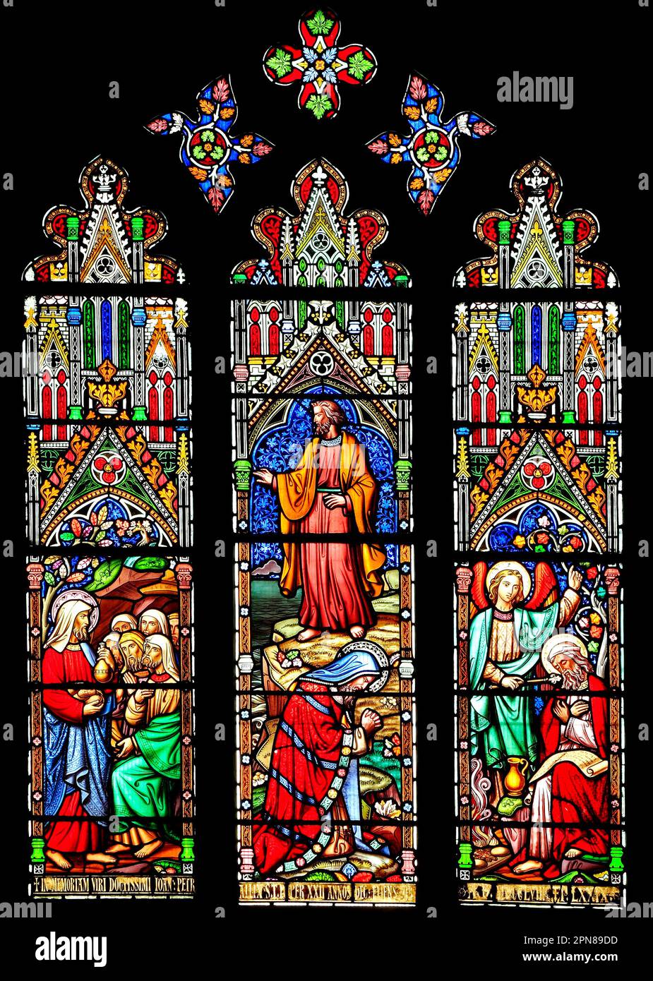 Buntglasfenster, Obadiah bringt Brot, Elijah mit Diener und Elijah mit Engel, von William Wailes, Mitte des 19. Jahrhunderts, Ely Cathedral Stockfoto