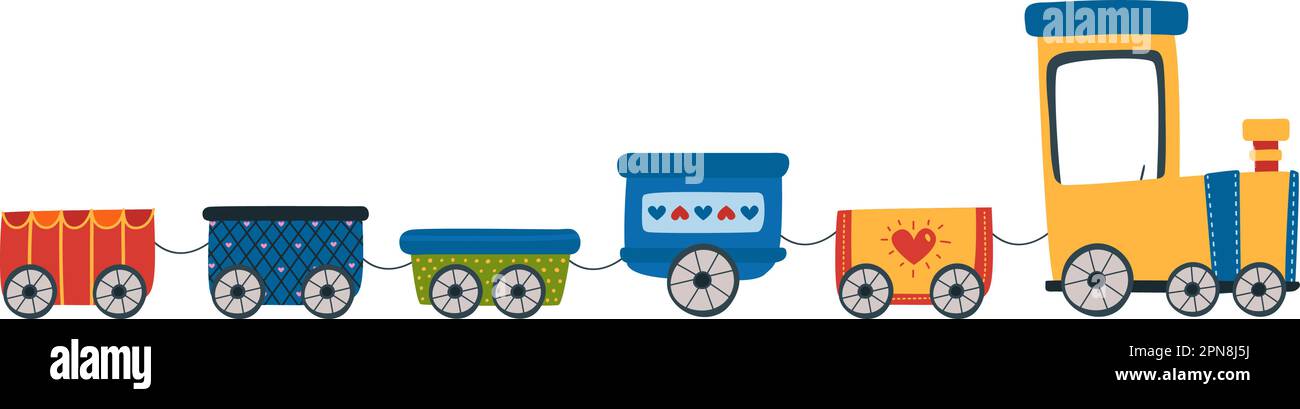 Comic-Straßenbahn, Kinderzug. Lokomotive mit flachen Wagen und Dekoration. Festival oder Sommerparty, Vektorelemente für Kinder Stock Vektor